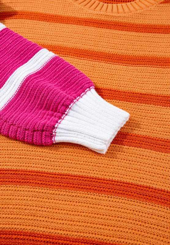 Striped Round Neck Long Sleeve Sweater - Love Salve